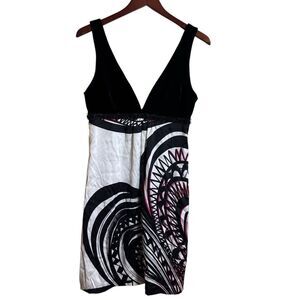 Trina Turk Velvet & Silk Y2K Mini Dress Sleeveless Black White Patterned Size 8